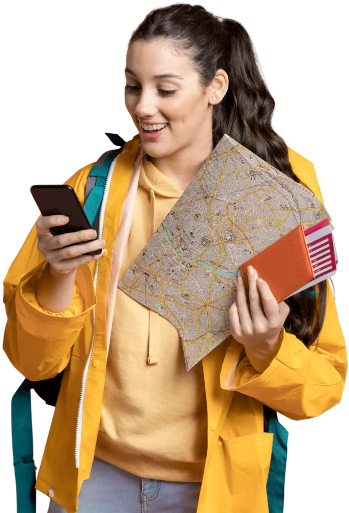 happy woman using her phone and holding passport