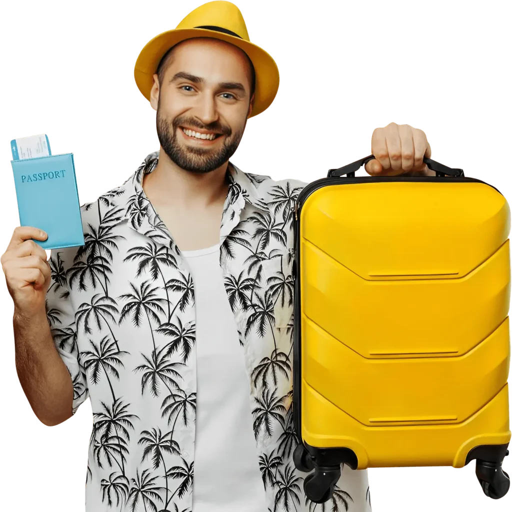 man holding his passport and baggage